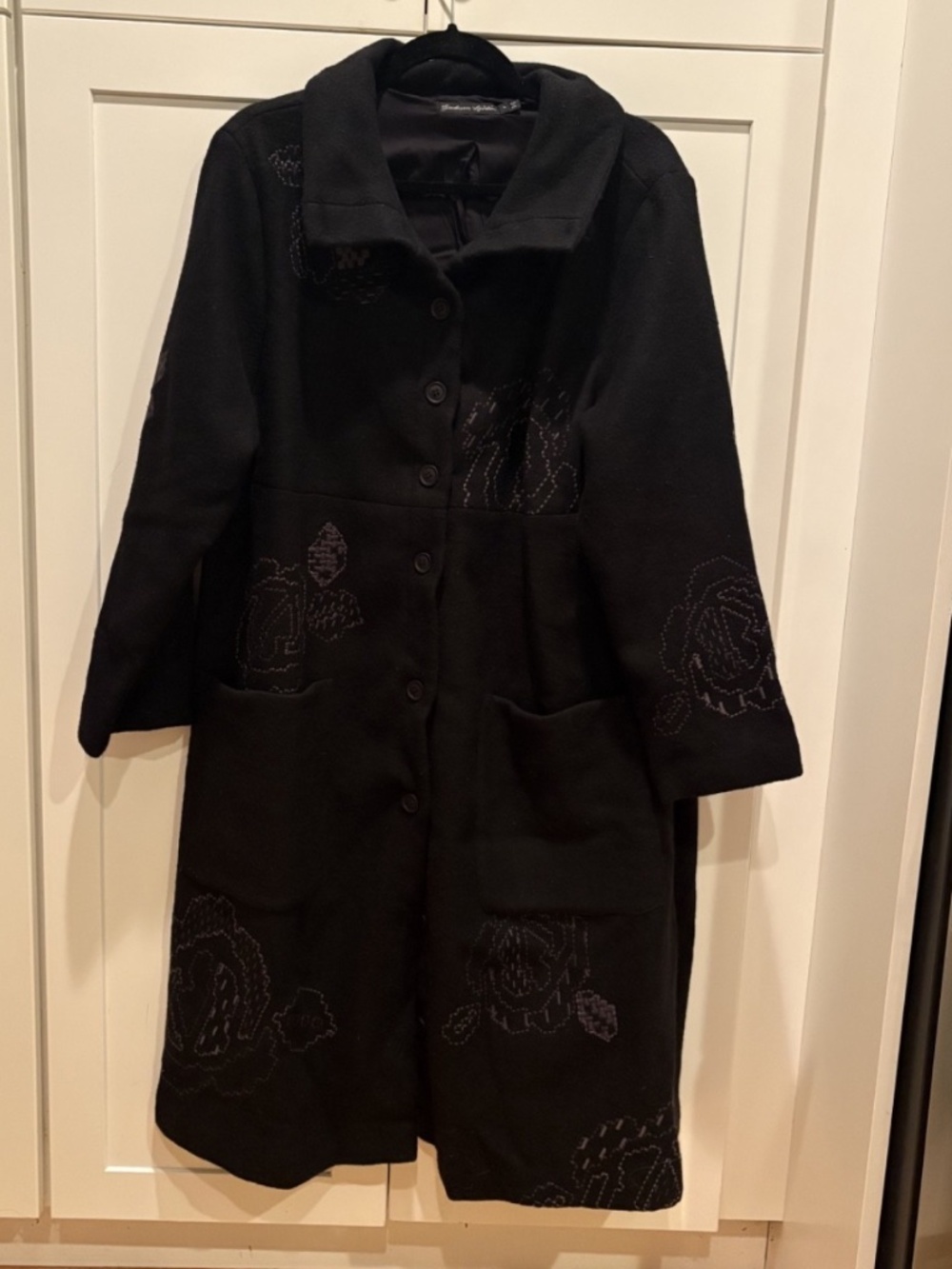 Gudrun Sjoden Embroidered Black Wool Coat w/ abstract flower stitching